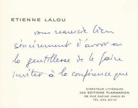 Étienne LALOU Carte visite autographe signée ne peut se rendre conférence Minot