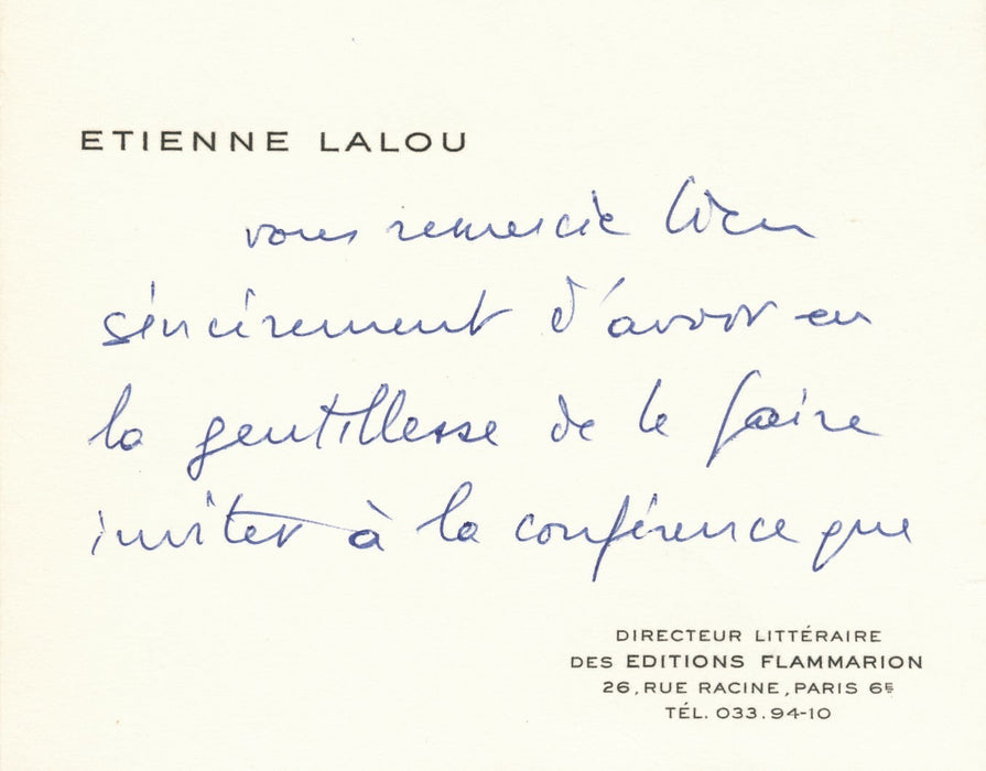 Étienne LALOU Carte visite autographe signée ne peut se rendre conférence Minot