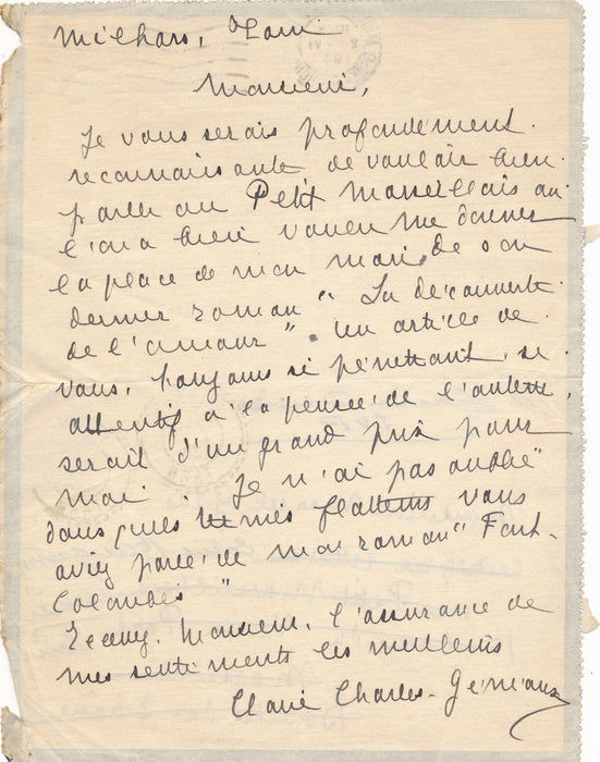 Claire Géniaux Charles La Découverte de l’amour lettre autographe sollicitation
