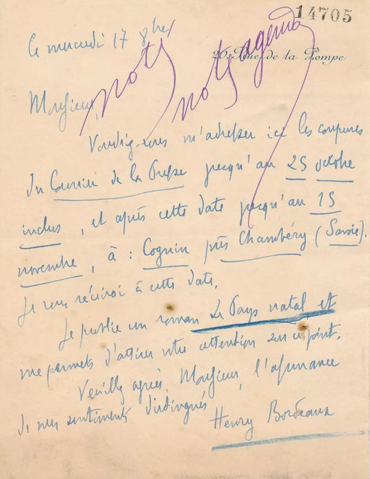 5 documents autographes Henry BORDEAUX Taponier Bellet Mainguet