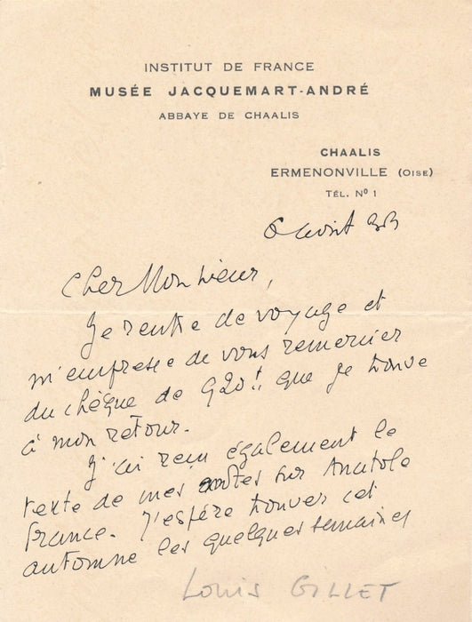 Littérature Histoire Louis Gillet lettre autographe signée éditeur Anatole Franc