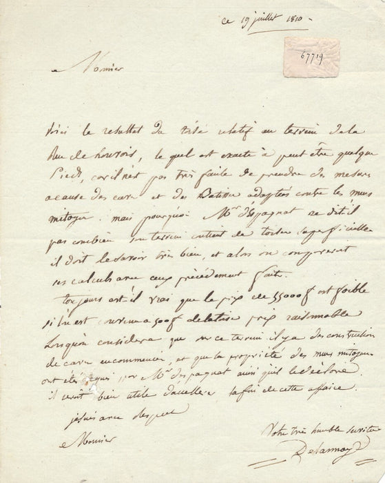 François-Jacques DELANNOY  lettre autographe signée architecte mesure Paris