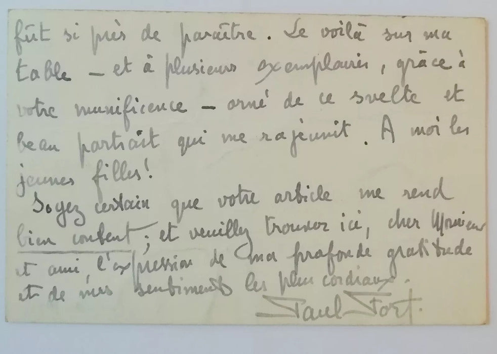 bel ensemble autographe Paul FORT 2 lettres 2 cartes 1 lettre épouse dédicace