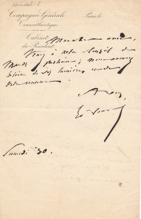 Édouard VANDAL compagnie générale transatlantique lettre autographe signée