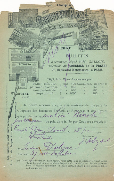 Comtesse Xavier d ABZAC Marie de Layrolles Lettre signée avec lignes autographes