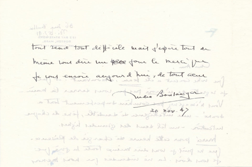 Nadia BOULANGER félicite INGHELBRECHT belle lettre autographe sigée  1947