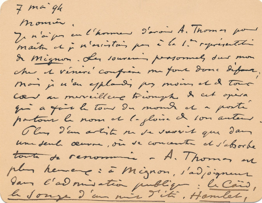 Émile PALADILHE bel hommage à Ambroise THOMAS lettre autographe signée 1894