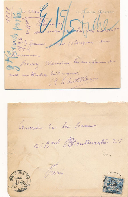 Comte de CASTILLON aéronaute Carte autographe signée coupure presse