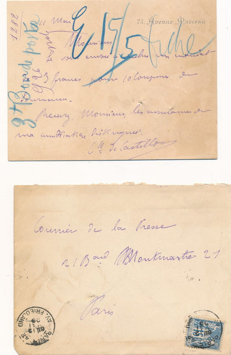 Comte de CASTILLON aéronaute Carte autographe signée coupure presse