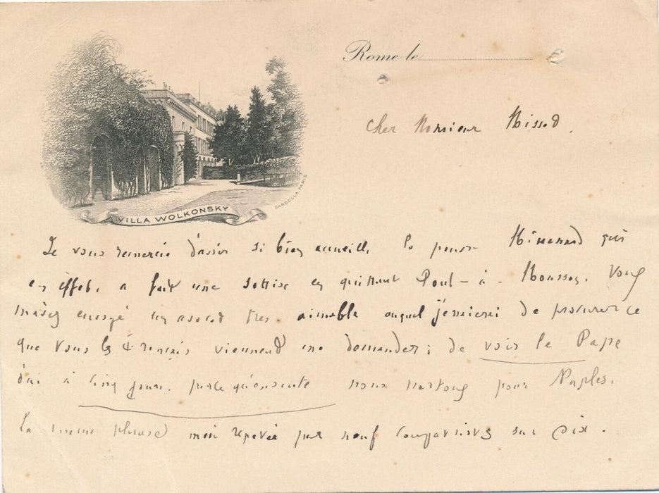 Religion Cardinal Mathieu lettre autographe signée Villa Wolkonsky