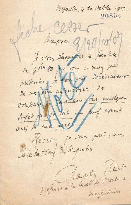 Charles RIST 1874-1955 économiste lettre autographe signée abonnement interrompu