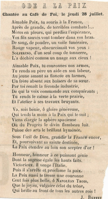 Poème autographe de Jules BUFFET vers 1860 9 strophes et imprimés poésie