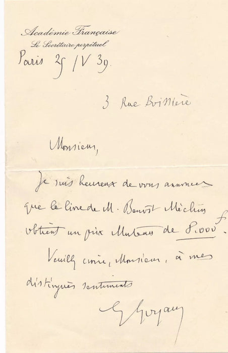 Georges Goyau 2 lettres autographes à A. Sabatier Benoît Méchin M. Sothern