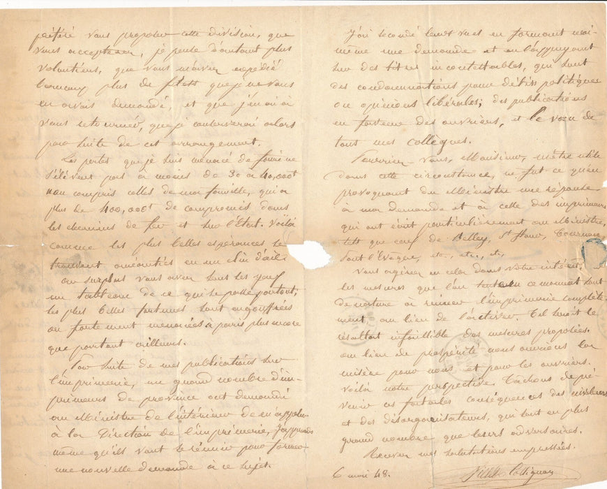 Joseph VILLET-COLLIGNON révolution de 1848 difficultés lettre autographe signée