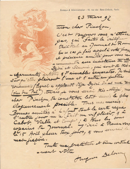 Littérature Hughes Delorme Rouen lettre autographe signée Robert Pinchon 1892