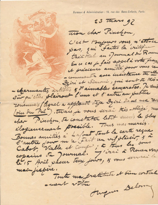 Littérature Hughes Delorme Rouen lettre autographe signée Robert Pinchon 1892