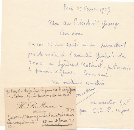 sculpteur Henri-Raphaël Moncassin lettre et cart de visite autographe