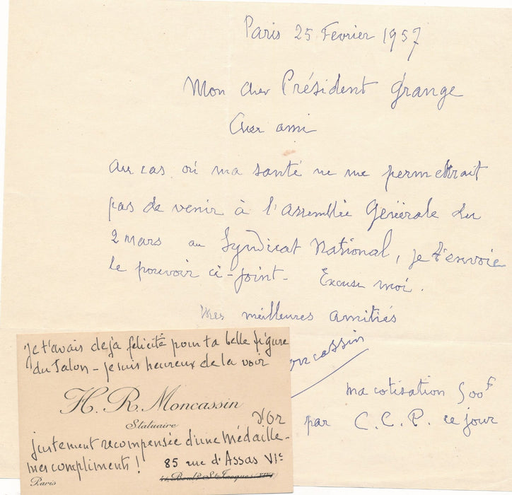 sculpteur Henri-Raphaël Moncassin lettre et cart de visite autographe