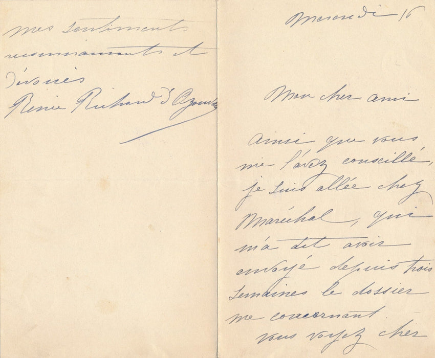 Renée RICHARD opéra chanteuse lettre autographe signée palmes instruction