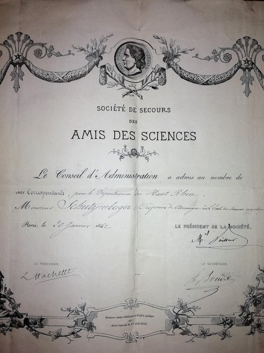 médecin C. Schutzenberger nomination Amis de la Science signée Vaillant Boudet 