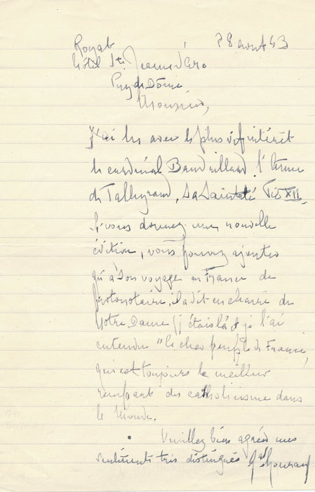 Henri Gouraud général lettre autographe signée sur religion Baudrillart 1943