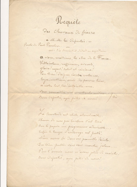 Paul PARELON parolier XIXe manuscrit autographe signé défense chevaux de fiacre