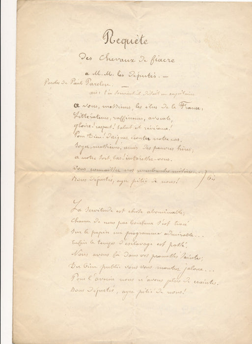 Paul PARELON parolier XIXe manuscrit autographe signé défense chevaux de fiacre