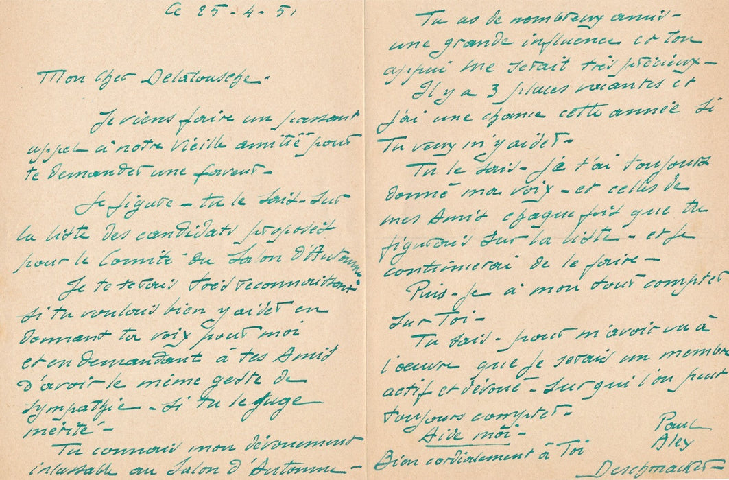 Paul Alex DESCHMACKER peintre lettre autographe signée Salon d'Automne comité