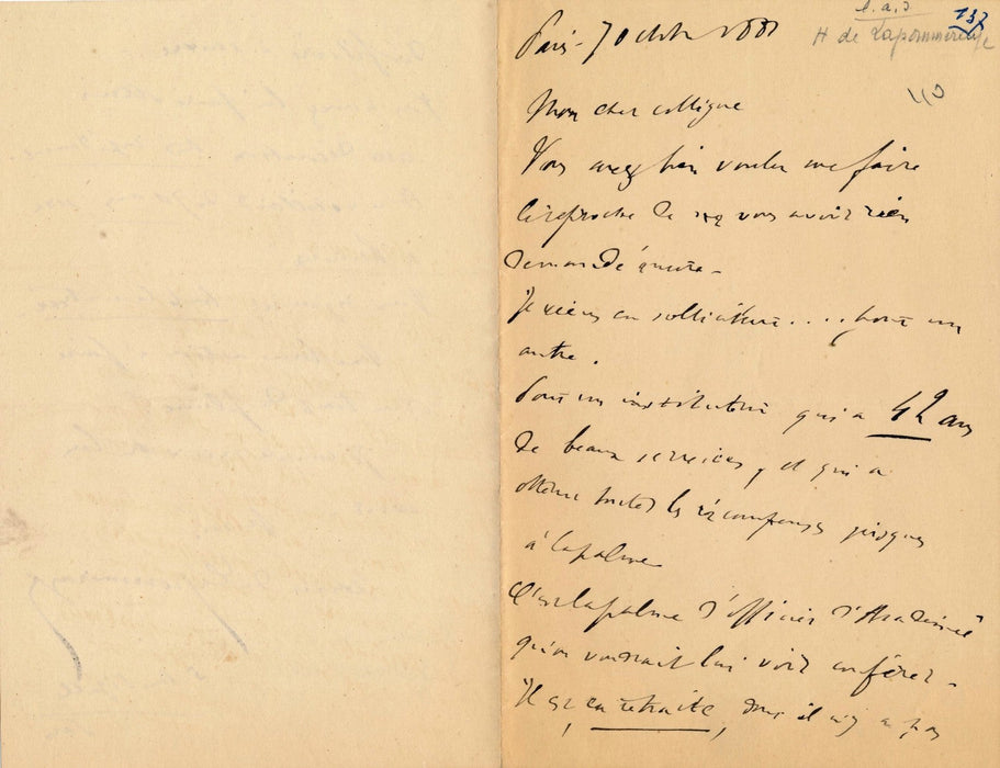 Henri de Lapommeraye théâtre lettre autographe signée recommandation humour