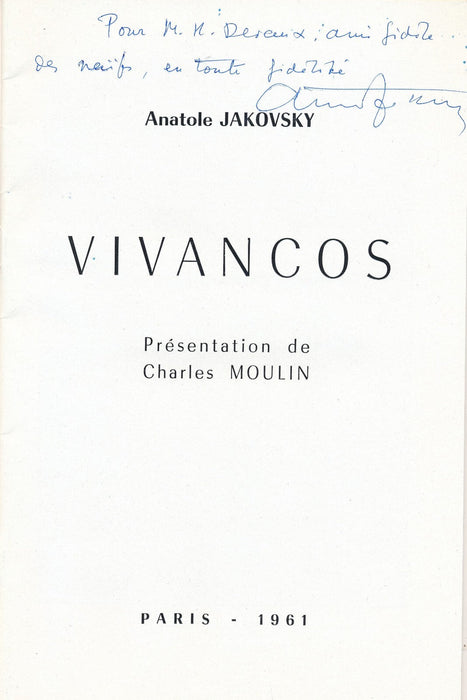 Anatole JAKOVSKY Vivancos envoi autographe signé Charles Moulin 1961