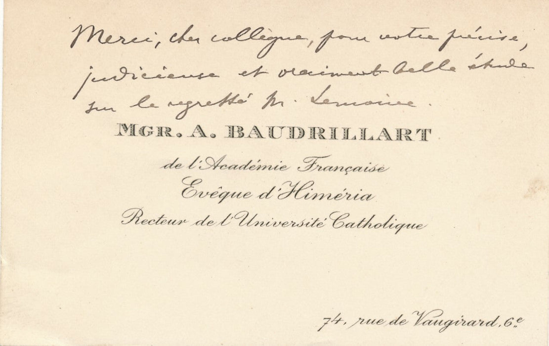 Alfred BAUDRILLART religion cardinal Institut carte de visite autographe 
