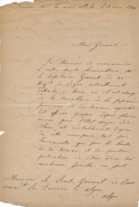 Algérie CANROBERT oued Allala Ténès lettre autographe signée recommandation