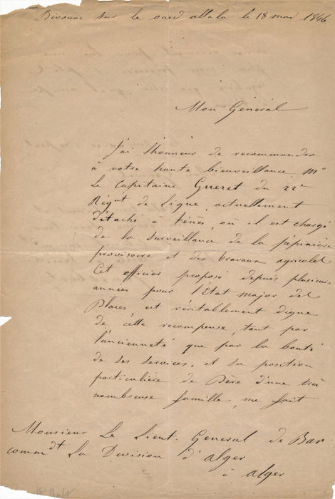 Algérie CANROBERT oued Allala Ténès lettre autographe signée recommandation