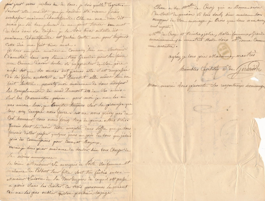 2 lettres autographes signées à Anne Marie de HAUTEFEUILLE Elisa de Girardin