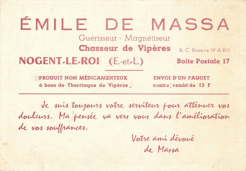 Emile de Massa guérisseur magnétiseur magnétisme vipères prospectus imprimé