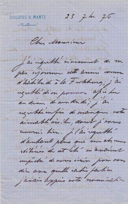 Sciences Lettre autographe signée Auguste Dollfus Alsace à Schützenberger