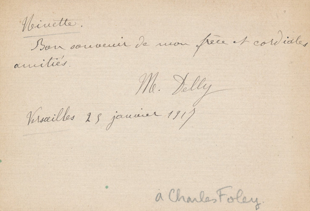 Delly de La Rosière carte autographe signée Charles Foley 25 janvier 1919