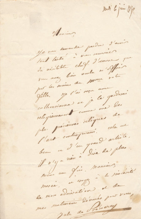 Jules de PRÉMARAY mentionne l'art contemporain lettre autographe signée