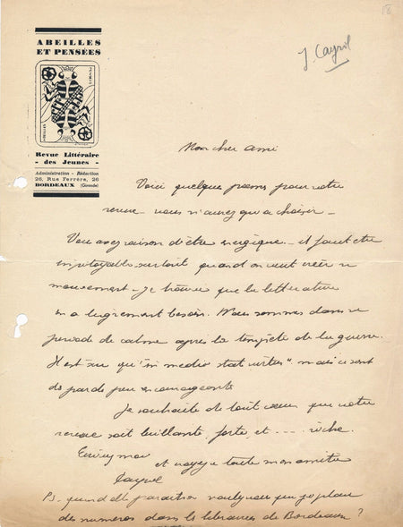 Littérature Jean Cayrol lettre autographe signée ET 3 poèmes autographes
