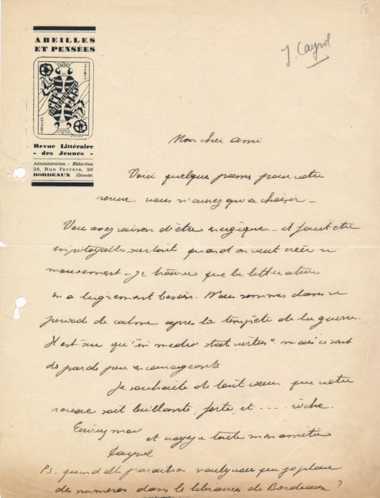 Littérature Jean Cayrol lettre autographe signée ET 3 poèmes autographes