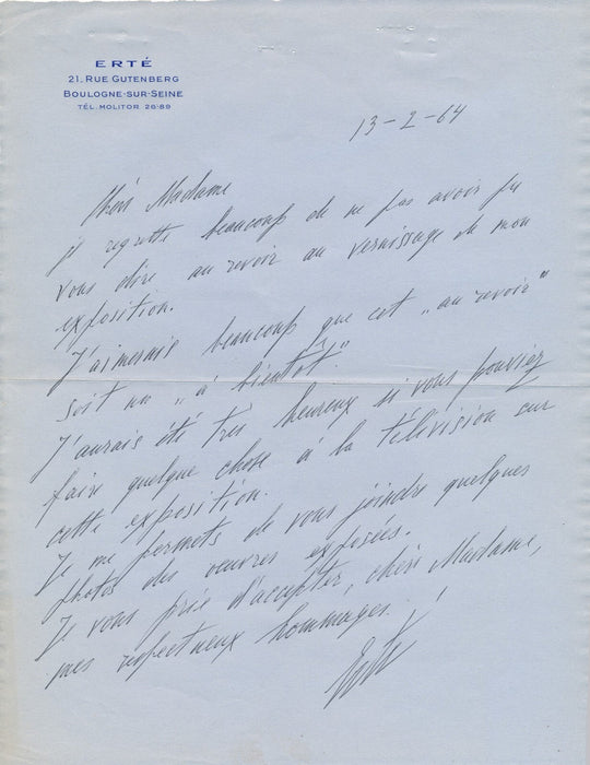 ERTÉ Erte Tirtoff lettre autographe signée exposition télévision peintre designe