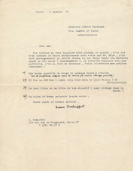 Jean DUBUFFET à Albert CORDUANT Lettre dactylographiée signée portrait peinture