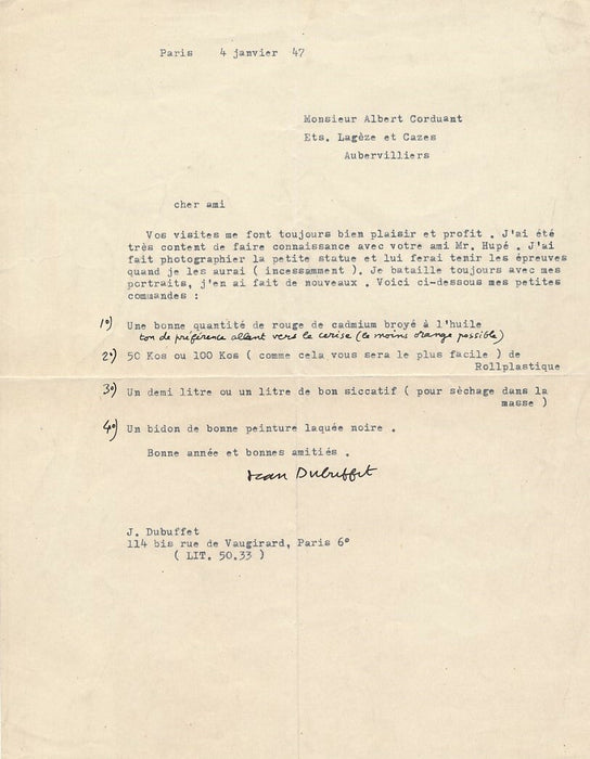 Jean DUBUFFET à Albert CORDUANT Lettre dactylographiée signée portrait peinture