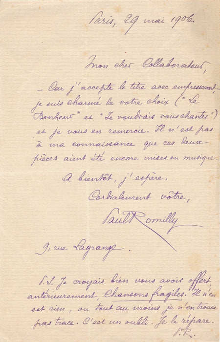 Paul ROMILLY chanson poéte 2 lettres autographes signées Henri BRESLES