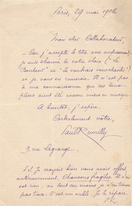 Paul ROMILLY chanson poéte 2 lettres autographes signées Henri BRESLES