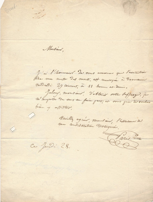 Claude Joseph PARIS sa Messe des Morts lettre autographe signée musique