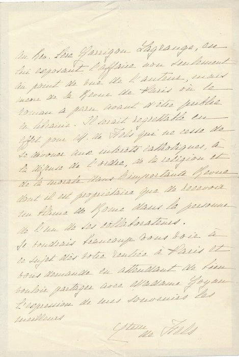 Marthe d’ARLOT DE CUMONT comtesse Fels lettre autographe signée à propos Mauriac