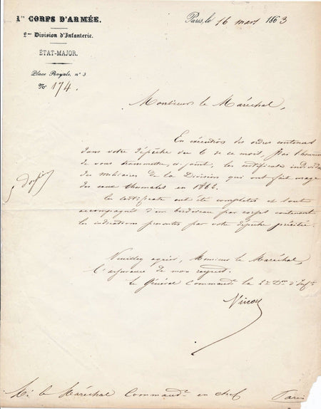 Militaire Joseph Vinoy général lettre signée 1863 Magnan eaux thermales