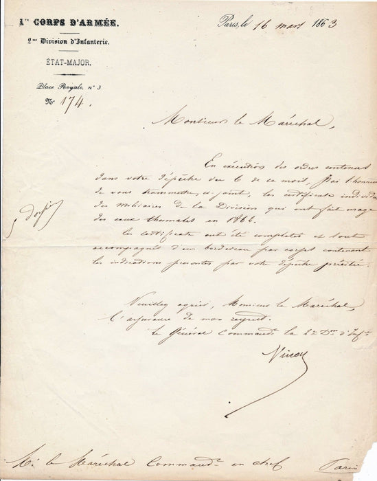 Militaire Joseph Vinoy général lettre signée 1863 Magnan eaux thermales