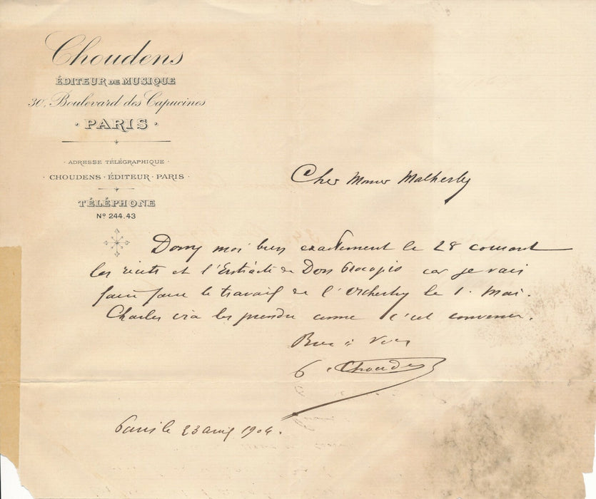 Paul CHOUDENS fils Antoine éditeur de musique Paris 7 lettres Bizet Don Procapio